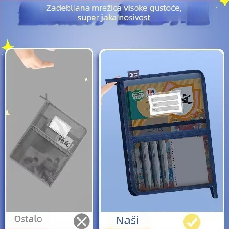A4 povećani retro L-fascikl s mrežastim materijalom, razvrstavanje po predmetima, velika kapaciteta za knjige i ispite