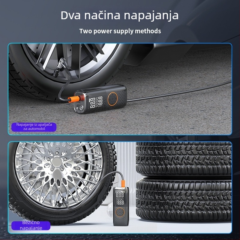 12V pumpa za do pneumatika za automobile, motocikle i EV — 100W, 30L/min, 3 m kabel, dvostruko napajanje (auto/dom)