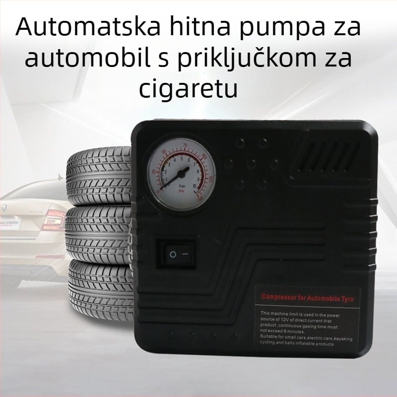 Automobilska hitna pumpa za zrak s 12V napajanjem, 100W, 50 L/min, crijevo 41 cm, manometar tlaka