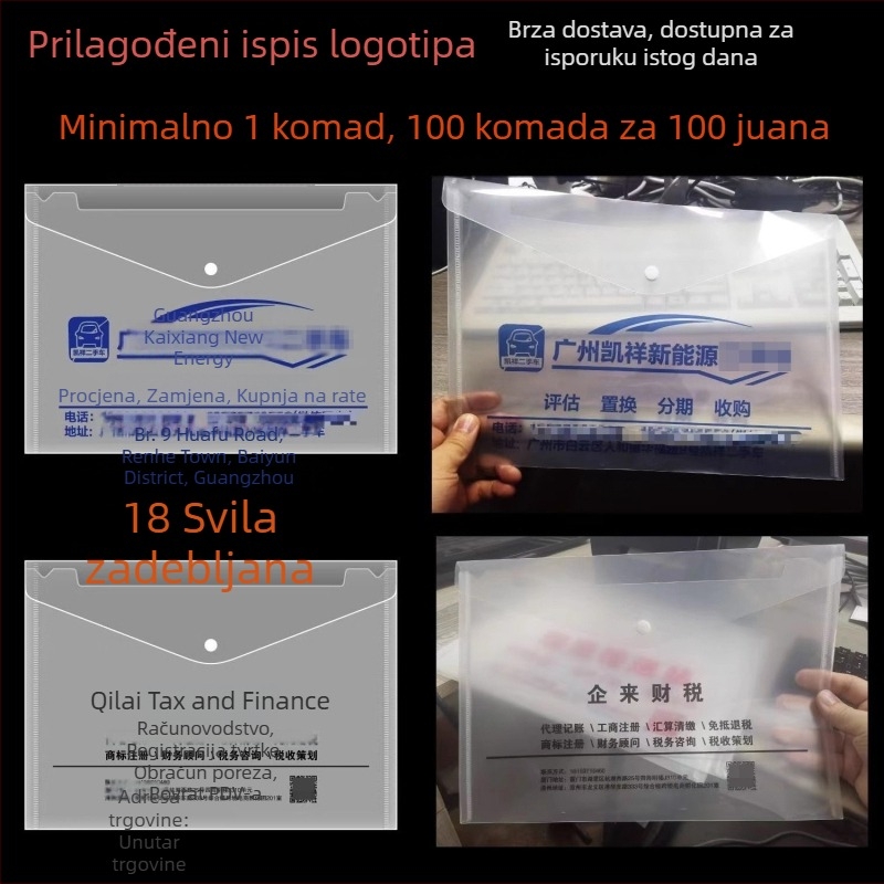 Prozirna dokument torba sa zatvaranjem kopčom, PP materijal, debljina 0,18 mm, ispis logotipa, prilagodljivo