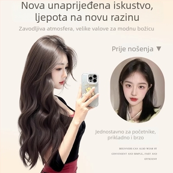 Duga kovrčava perika s kosim šiškama, vlakna visoke temperature, kapa s mehanizmom, prirodan stil, korekcija oblika lica