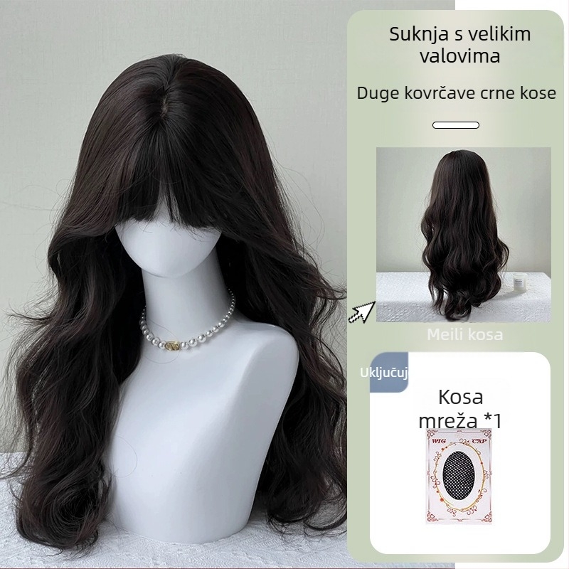 Ženska perika s dugim valovitim kovrčama i ravnim fringeom, prirodan izgled vlasišta, puna perika, model MG-BL002-HS, vlakno otporno na toplinu, može se bojati ili peglati.