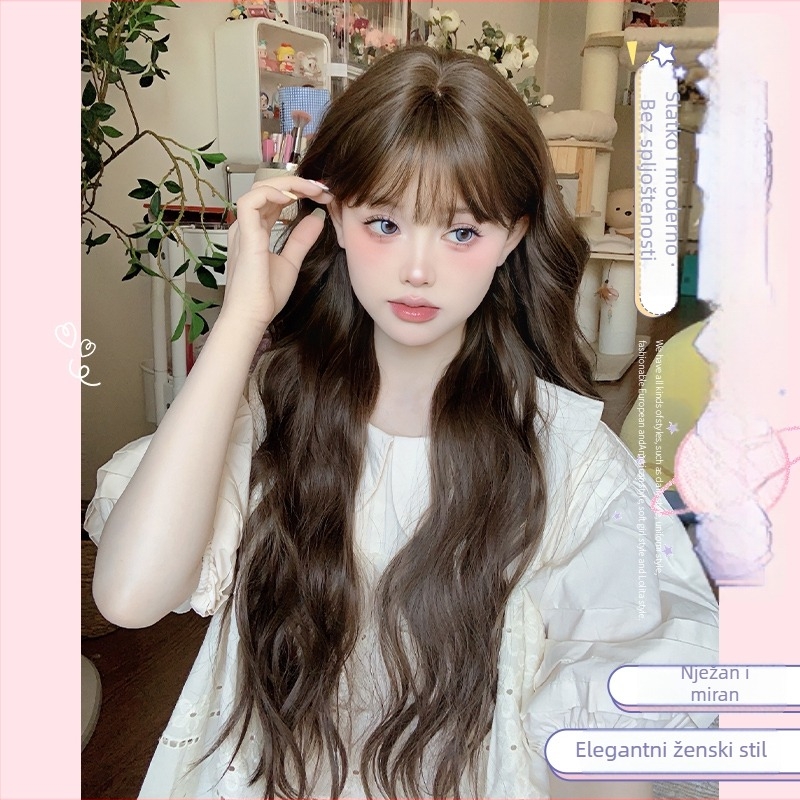 Ženska perika s dugim kovrčama, korejski stil, prirodna bangs, Lolita stil, potpuna perika