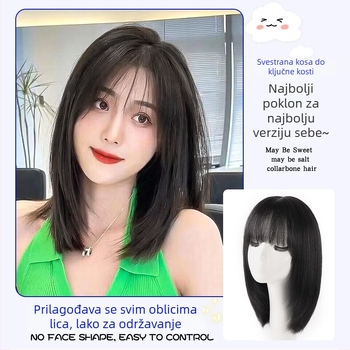 Prirodna perika od pravih ljudskih vlasi za žene — dugi ravni vlasi sa kosim fringeom, duljina klavikule, nadograđeni model