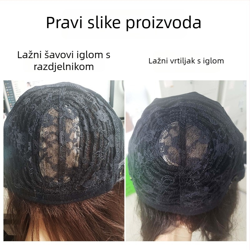 Prirodna perika od pravih ljudskih vlasi za žene — dugi ravni vlasi sa kosim fringeom, duljina klavikule, nadograđeni model