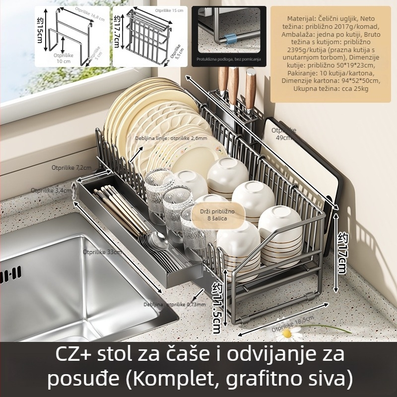 Integrirani stalak za sušenje posuđa i pribora, od karbonske čelika, moderan minimalistički stil, lansiran 2025