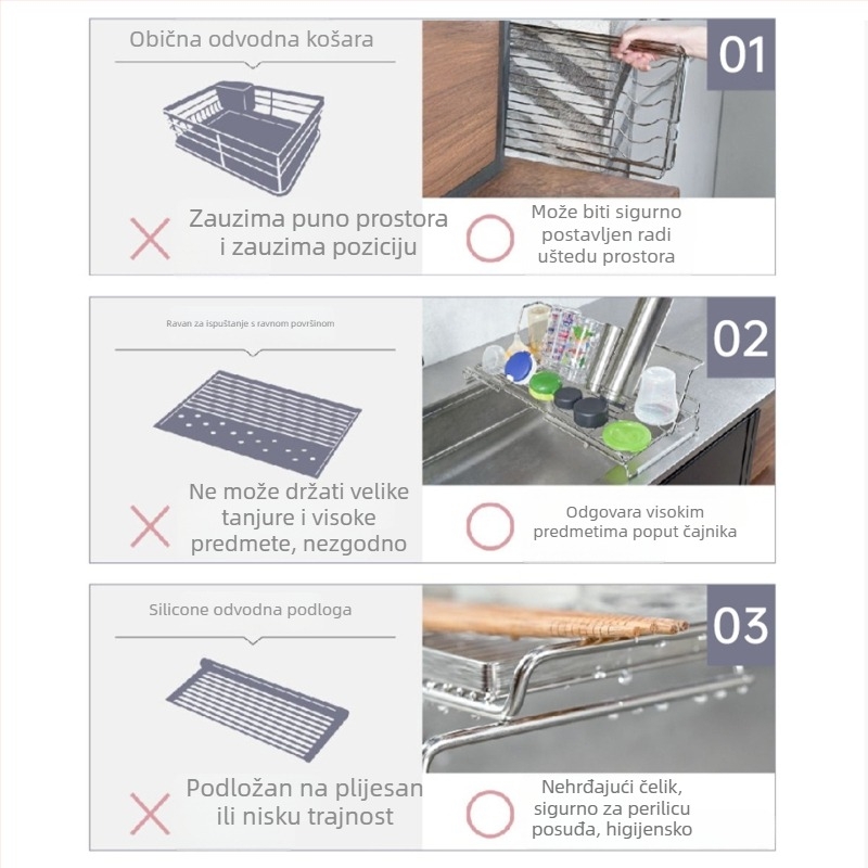 Nehrđajući čelični odvodni stalak za sudoper, proširivi/izvlačni, za zdjele, posude i pribor