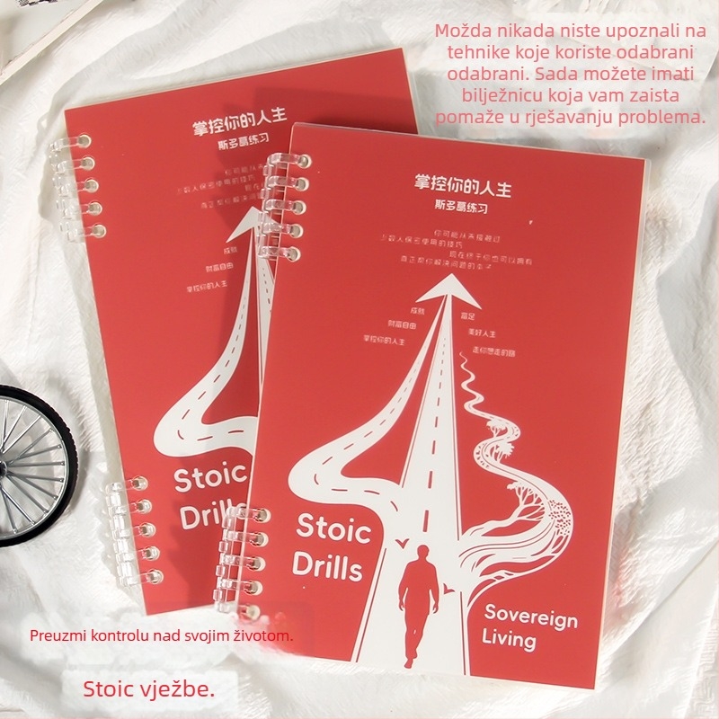 Bilježnica stoičke filozofije — praksa i osobni razvoj; japanski/korejski kawaii stil, PP omot, labavo spojeni listovi, Dowling papir 120 g, 50–100 stranica