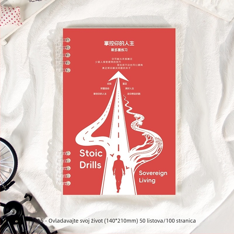 Bilježnica stoičke filozofije — praksa i osobni razvoj; japanski/korejski kawaii stil, PP omot, labavo spojeni listovi, Dowling papir 120 g, 50–100 stranica