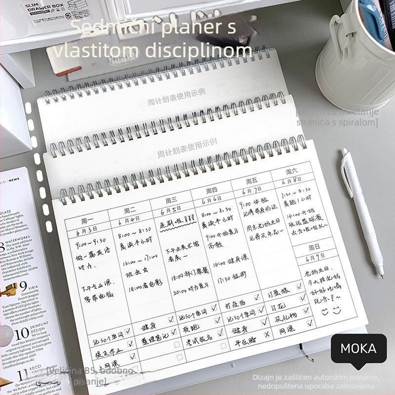 Bilježnica sa spiralnom vezom, tjedni planer i kalendar, 60 stranica, Dowling papir, kawaii japanski/korejski stil.