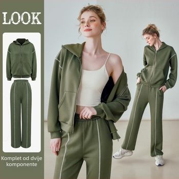 Ženski dvodijelni sportski set s uzorkom color-block, kapuljačom na zip, debeli topli materijal