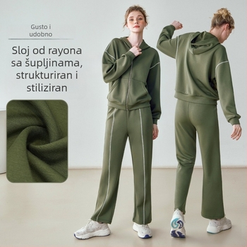 Ženski dvodijelni sportski set s uzorkom color-block, kapuljačom na zip, debeli topli materijal