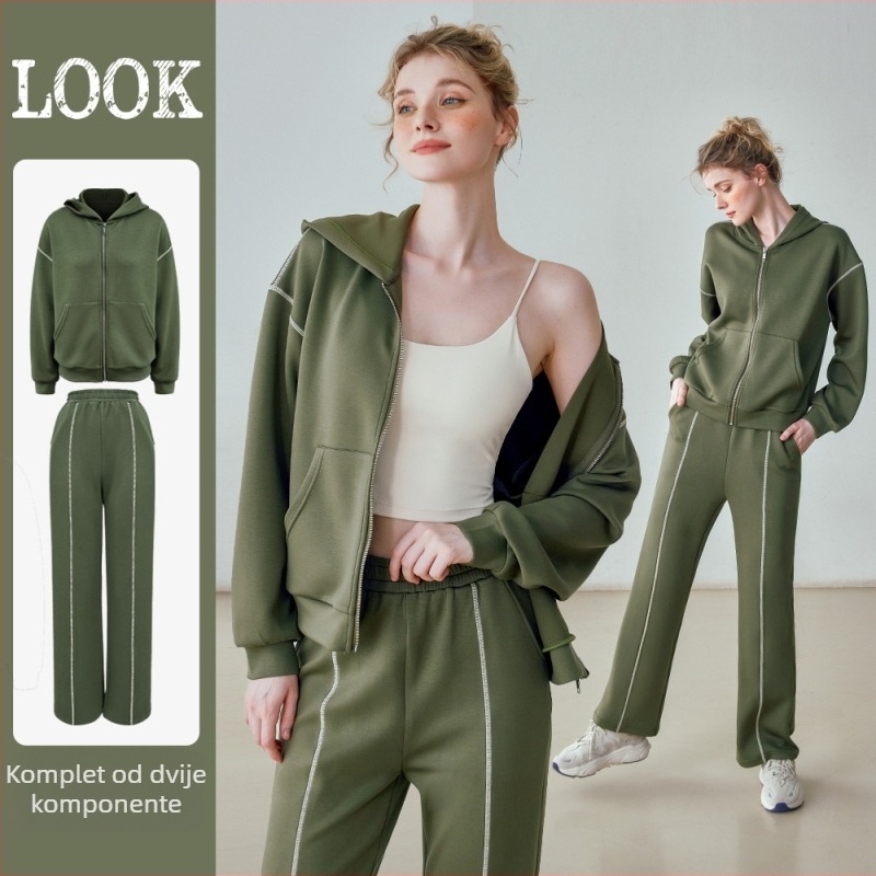 Ženski dvodijelni sportski set s uzorkom color-block, kapuljačom na zip, debeli topli materijal