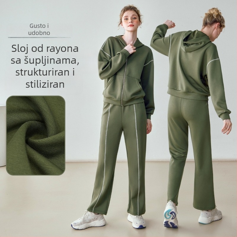 Ženski dvodijelni sportski set s uzorkom color-block, kapuljačom na zip, debeli topli materijal