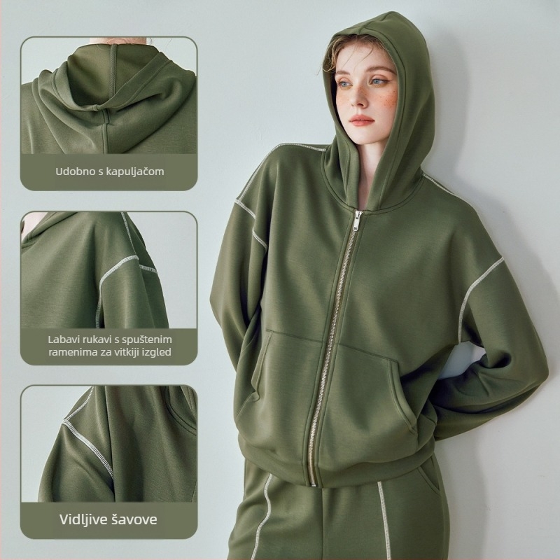 Ženski dvodijelni sportski set s uzorkom color-block, kapuljačom na zip, debeli topli materijal