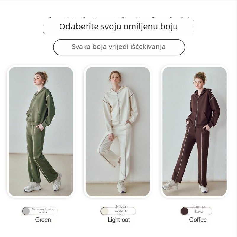 Ženski dvodijelni sportski set s uzorkom color-block, kapuljačom na zip, debeli topli materijal