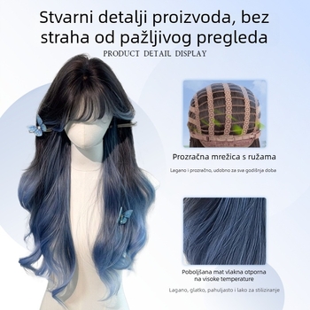 Ženska perika s ravnim šiškama, dugi kovrčavi pramenovi, veliki valovi, sintetička vlakna, mehanička izrada