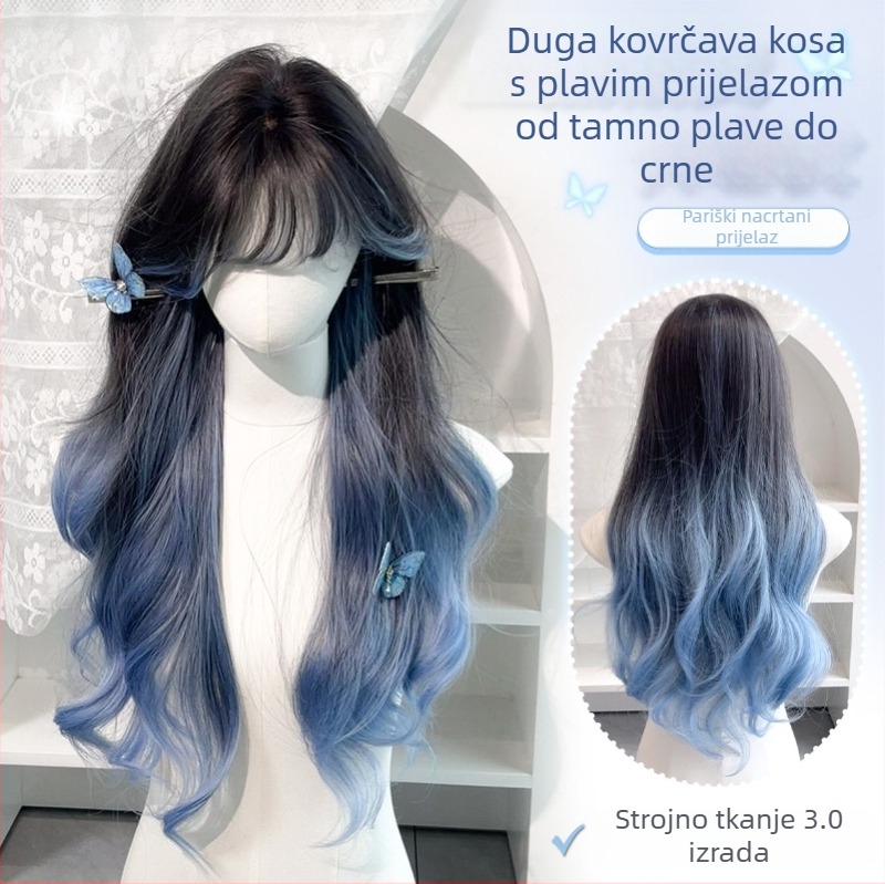 Ženska perika s ravnim šiškama, dugi kovrčavi pramenovi, veliki valovi, sintetička vlakna, mehanička izrada
