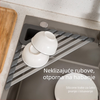 Stalak za odvod posuđa iznad sudopera — moderan minimalistički organizator za zdjele, pribor i spužvu