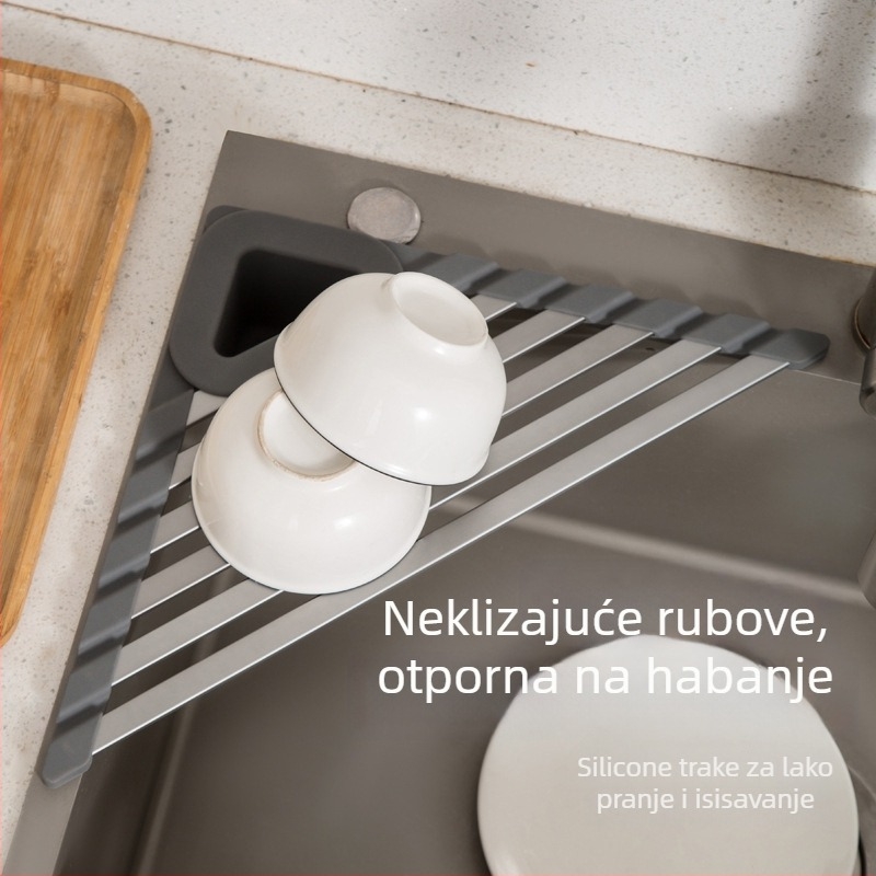 Stalak za odvod posuđa iznad sudopera — moderan minimalistički organizator za zdjele, pribor i spužvu