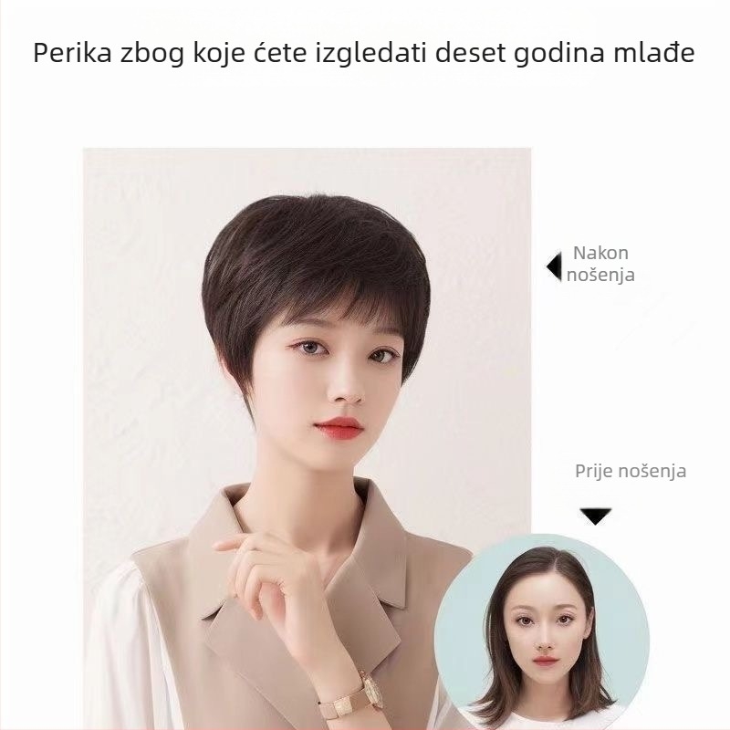 Ženska ručno heklana perika od 100% ljudske kose, kratka, visokokvalitetna, lagana i prozračna