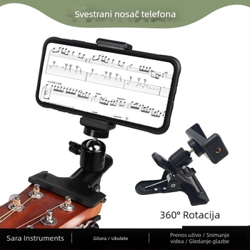 Držač telefona za gitaru s okretljivim klipom – aluminijska legura, model Guitar phone clip, za glazbene instrumente