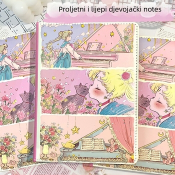 Bilježnica s kožnom presvlakom od umjetne kože, spiralno povezivanje, 96 ilustriranih stranica, japansko-korejski kawaii stil