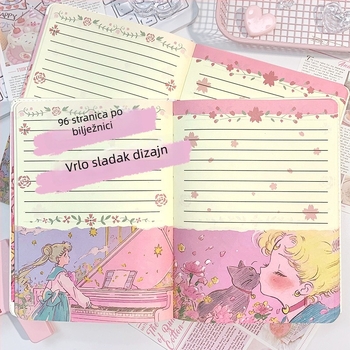 Bilježnica s kožnom presvlakom od umjetne kože, spiralno povezivanje, 96 ilustriranih stranica, japansko-korejski kawaii stil