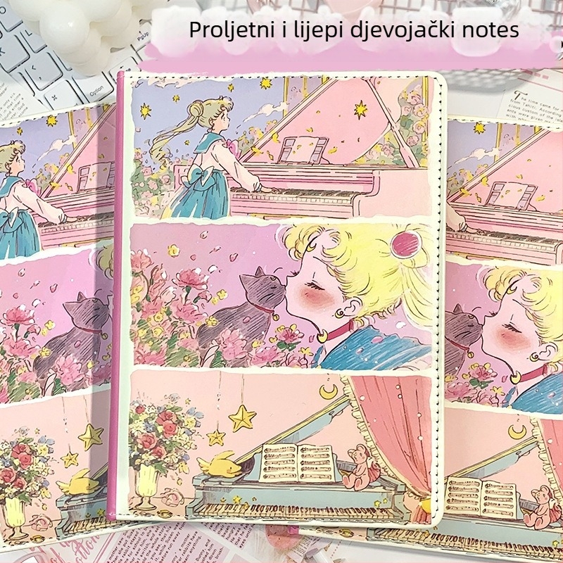 Bilježnica s kožnom presvlakom od umjetne kože, spiralno povezivanje, 96 ilustriranih stranica, japansko-korejski kawaii stil