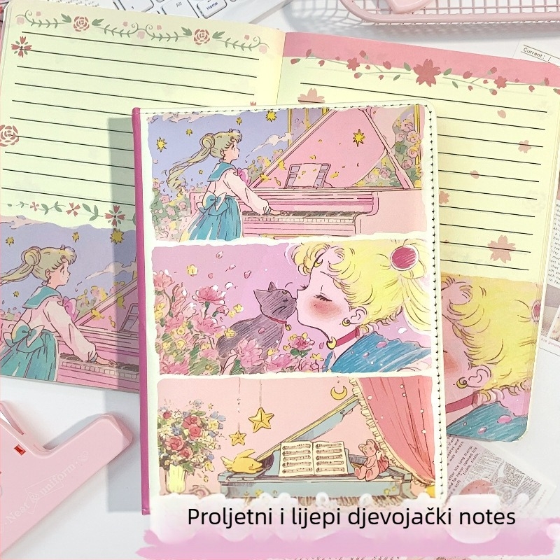 Bilježnica s kožnom presvlakom od umjetne kože, spiralno povezivanje, 96 ilustriranih stranica, japansko-korejski kawaii stil