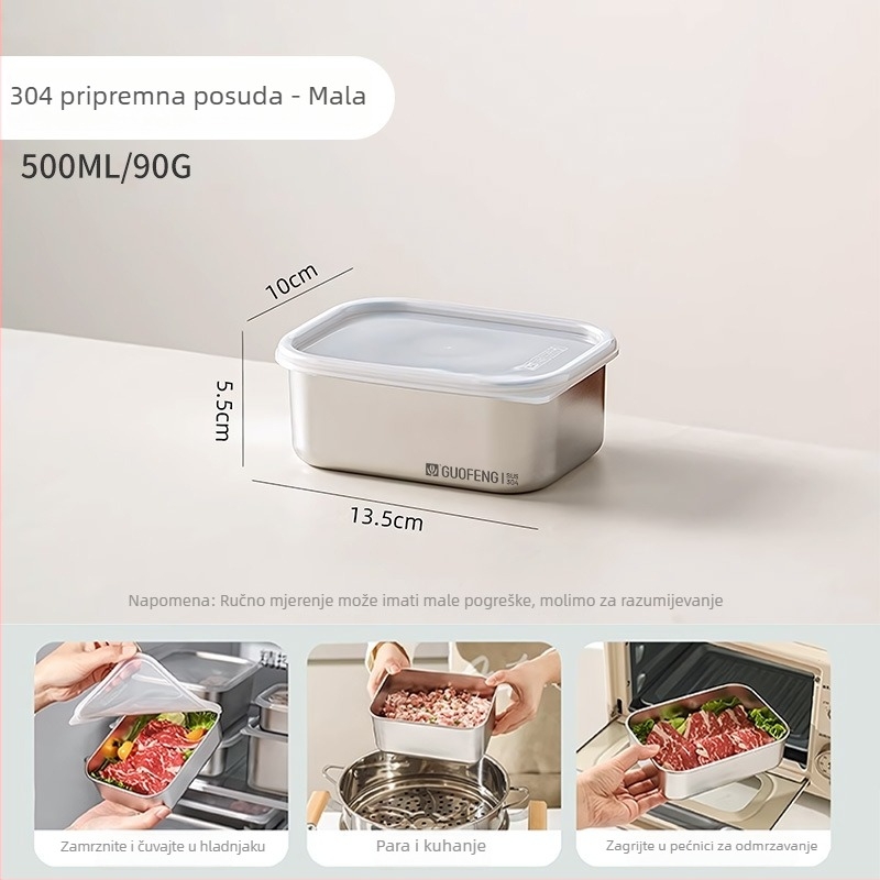 Kutija za hranu od 304 nehrđajućeg čelika, zatvara se, kvadratnog oblika, s dijelnim pretincem, kutija za ručak/bento, kutija za knedle