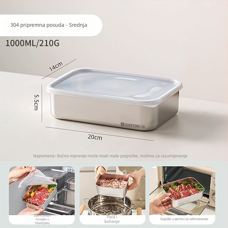 Kutija za hranu od 304 nehrđajućeg čelika, zatvara se, kvadratnog oblika, s dijelnim pretincem, kutija za ručak/bento, kutija za knedle