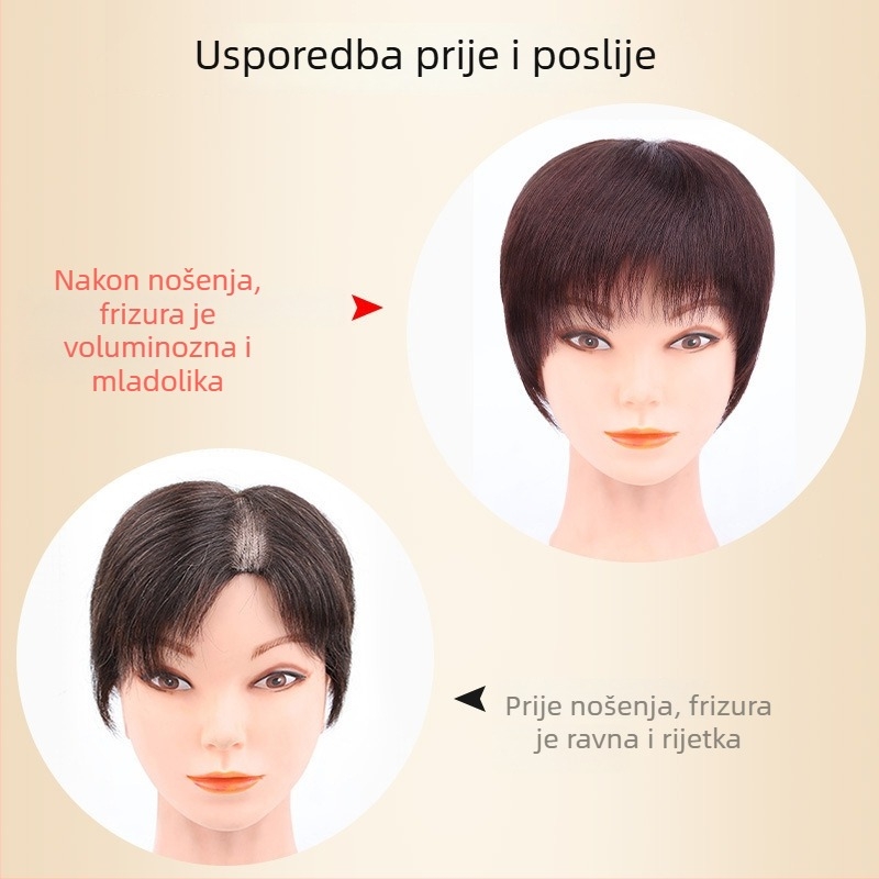 Topper za vrh glave s pravim kosom, pokriva sijedu kosu, ženska kratka perika, lagana, nevidljiva