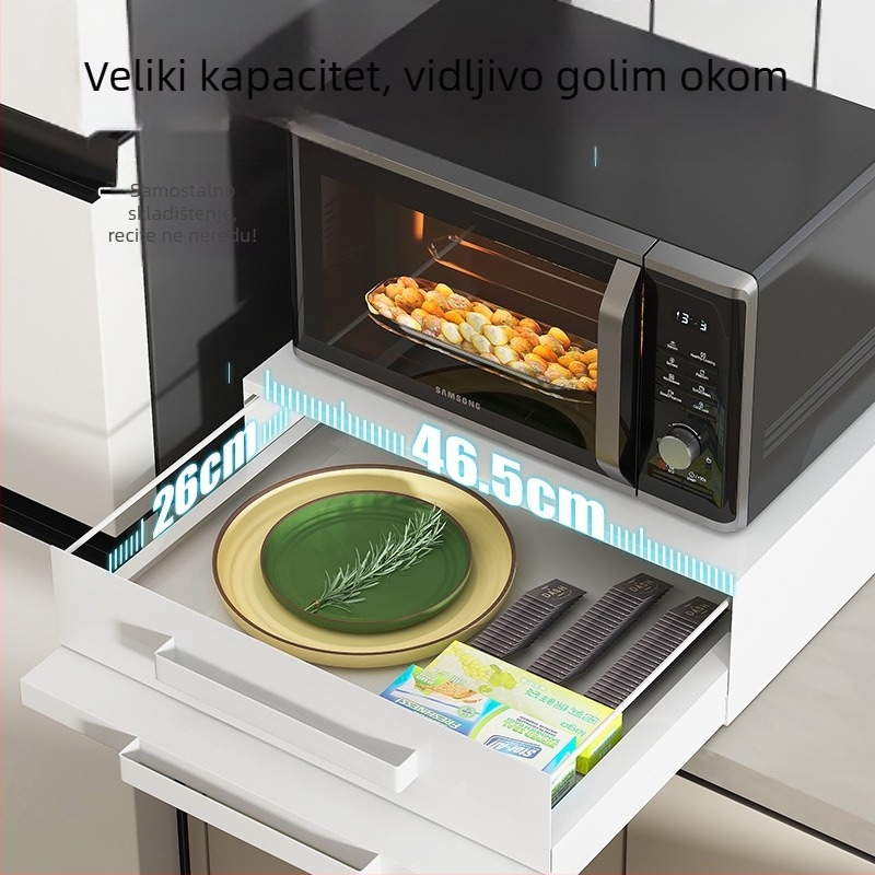 Kuhinjski viseći stalak za mikrovalnu pećnicu sa ladicom, dvostruki sloj, metalni nosač, višefunkcionalan, moderan stil