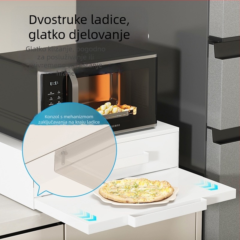 Kuhinjski viseći stalak za mikrovalnu pećnicu sa ladicom, dvostruki sloj, metalni nosač, višefunkcionalan, moderan stil