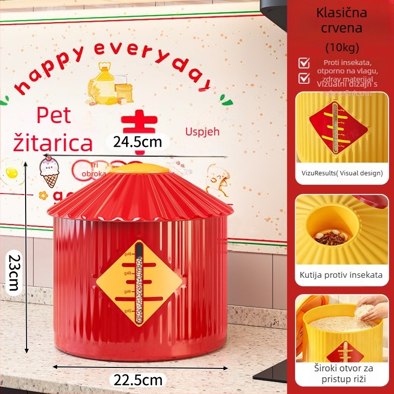 Kutija za skladištenje riže/žitarica s brtvom protiv vlage i insekata, stil Novi kineski stil, kapacitet 9–10 L, materijal PP plastika