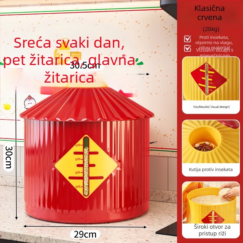 Kutija za skladištenje riže/žitarica s brtvom protiv vlage i insekata, stil Novi kineski stil, kapacitet 9–10 L, materijal PP plastika