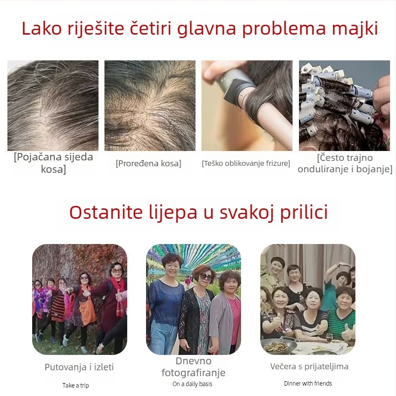 Perika za žene srednje dobi i starije, prirodna pokrivenost sive kose, raznovrsni stilovi, dugotrajna, ručno rađena trajna, perika za cijelu glavu