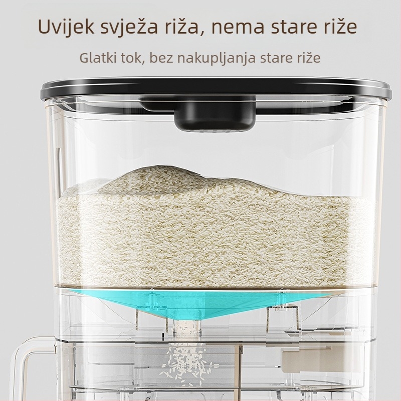 Kutija za skladištenje riže s brtvom, zaštita od vlage i štetnika, prehrambeni PP plast, kapacitet 10 L+, poklopac na pritiskanje, mogućnost evidentiranja datuma