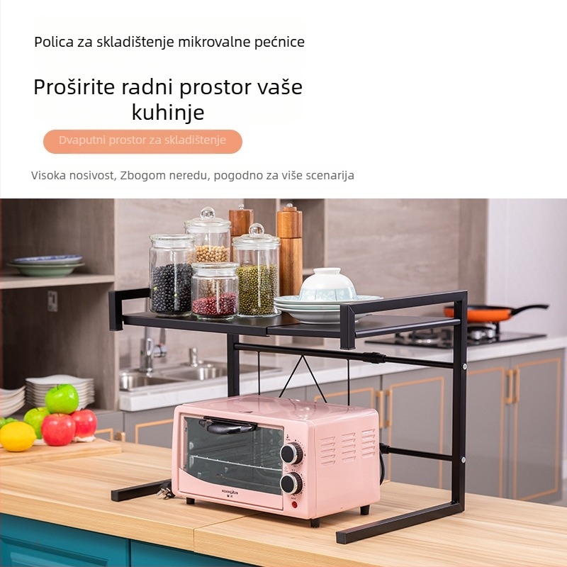 Izvedeni stalak za mikrovalnu pećnicu za stolnu upotrebu s prostorom za skladištenje riže, čelična konstrukcija, marka Qiao Yi, model QYWBL-6531-BK/WH, stil Modernna jednostavnost
