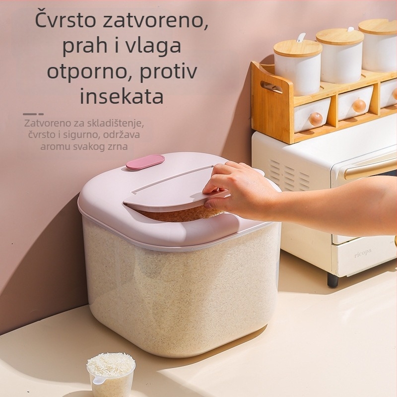 Kutija za pohranu riže s otpornošću na vlagu i štetnike, izrađena od PP plastike, čvrsto zatvoren poklopac, kapacitet 10 L.