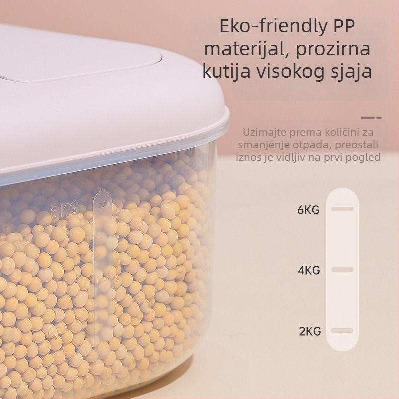 Kutija za pohranu riže s otpornošću na vlagu i štetnike, izrađena od PP plastike, čvrsto zatvoren poklopac, kapacitet 10 L.