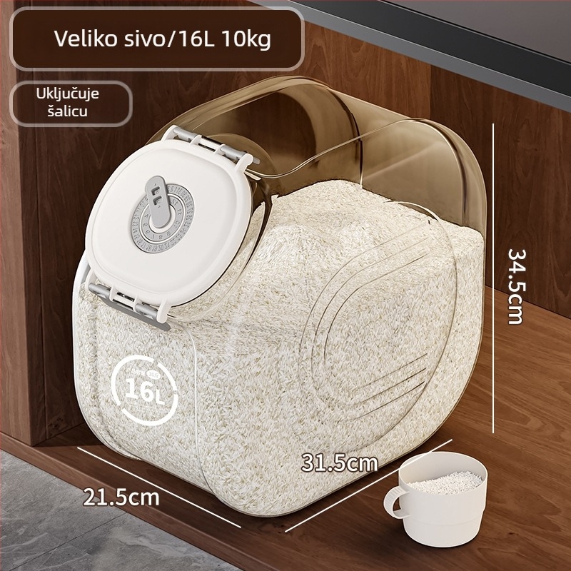 Rižin spremnik s poklopom, otporan na vlagu i štetočine, plastični PE, kapacitet 10 L ili više, mogućnost tiskanja logotipa, bilježenje datuma
