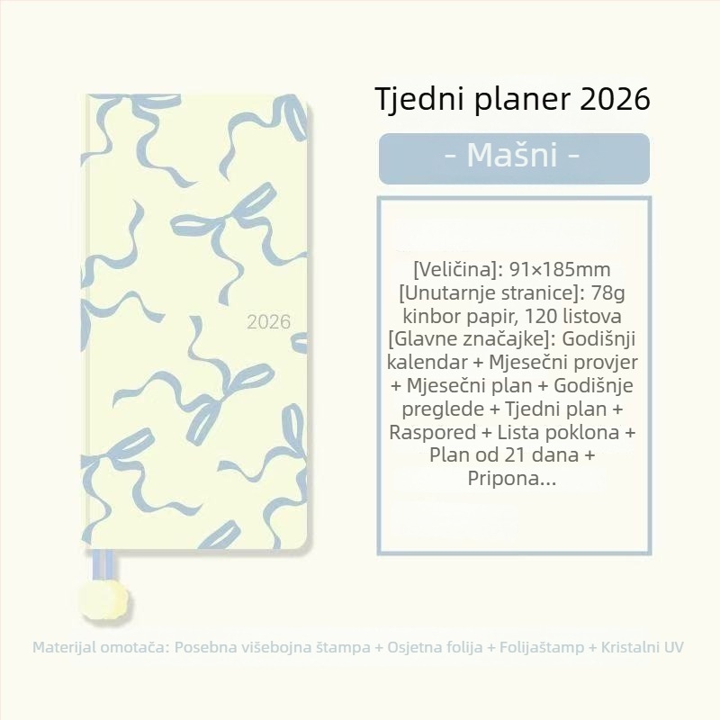 Spajalnik 2026 s mašnicom, godišnji planer s tjednim rasporedom, japanski i korejski stil, ljepilo vezanje, papir od drvenog celuloznog papira 100 gsm, više od 400 stranica