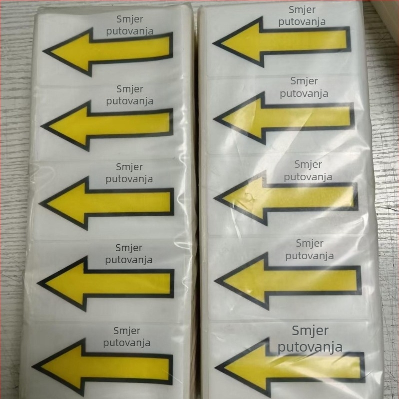 Sticker indikator sa strelicom za identifikaciju proizvoda; oblici: pravokutnik, ovalni, kružni; materijal: PP samoljepljiv; ljepilo: uklonjivo; podloga: glassine papir; tisak: spot color