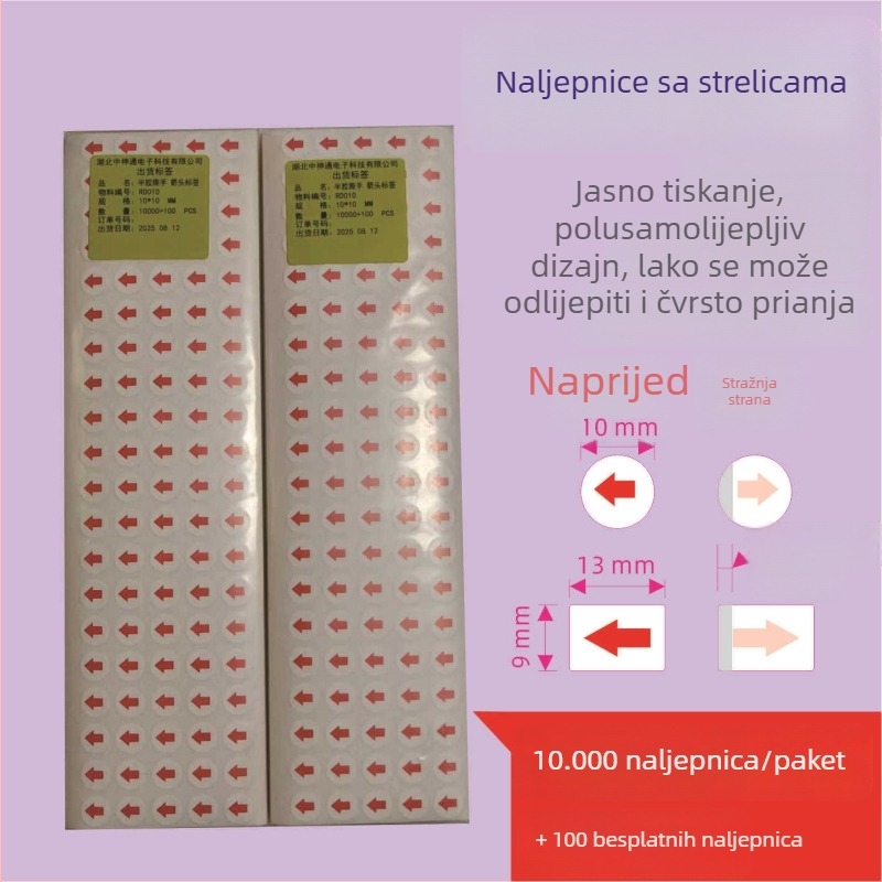 Sticker indikator sa strelicom za identifikaciju proizvoda; oblici: pravokutnik, ovalni, kružni; materijal: PP samoljepljiv; ljepilo: uklonjivo; podloga: glassine papir; tisak: spot color