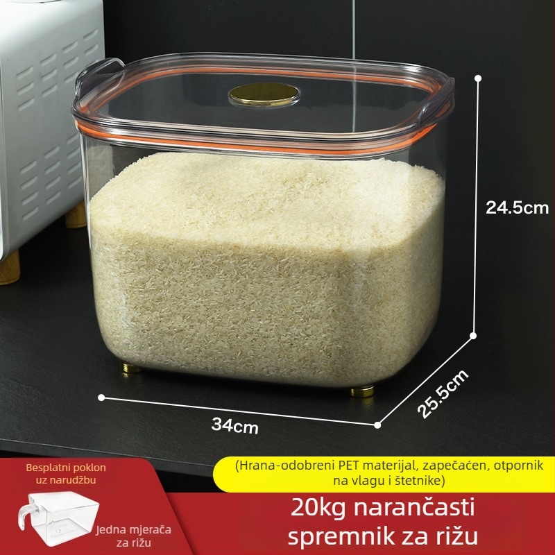 Spremnik za rižu, hermetički zatvarač, otporan na insekte i vlagu; materijal: plastika (PE); kapacitet: 10 L ili više; stil: lagani luksuz