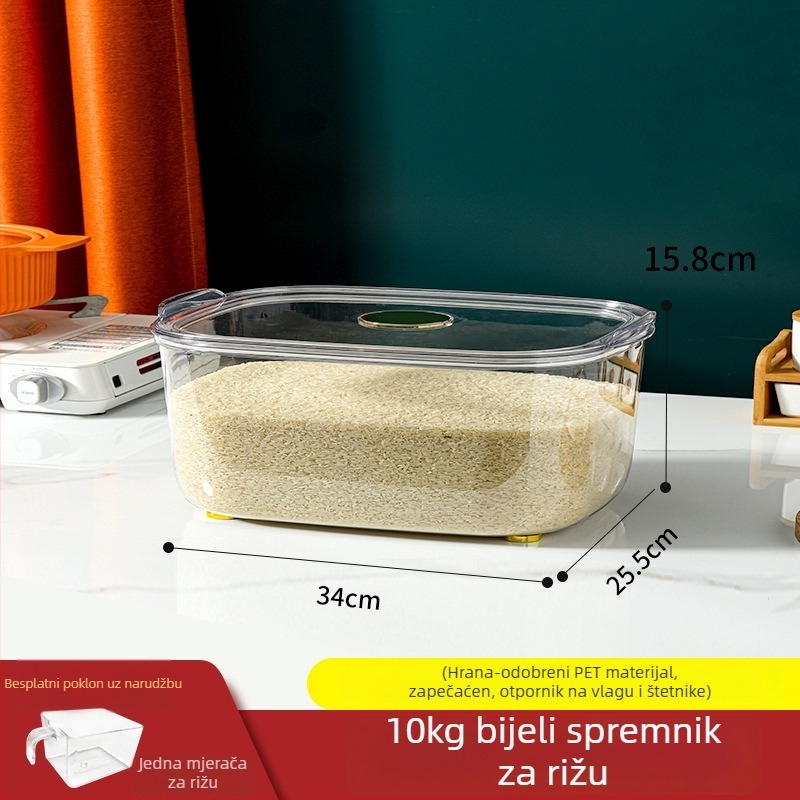 Spremnik za rižu, hermetički zatvarač, otporan na insekte i vlagu; materijal: plastika (PE); kapacitet: 10 L ili više; stil: lagani luksuz