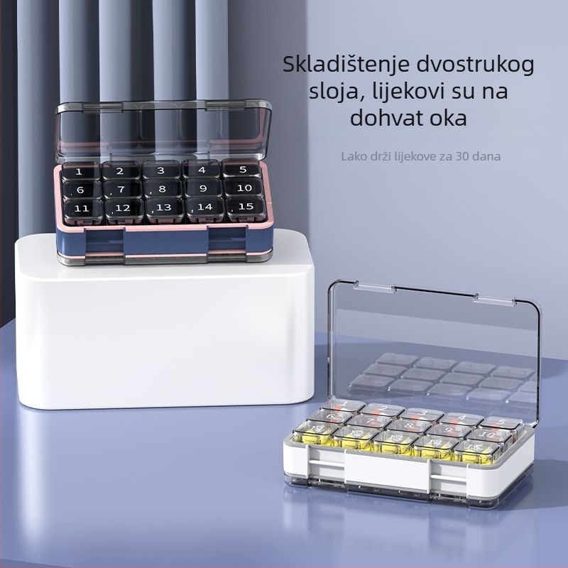 Kutija za lijekove s 30 odjeljaka, nezavisne pregrade, vodootporno zatvaranje, prenosna, kapacitet 18 L.