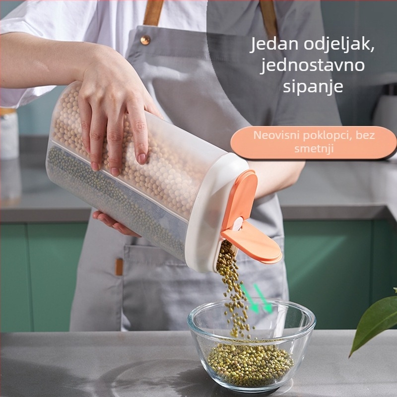 Plastična prozirna kutija za skladištenje žitarica i grickalica, zatvara se, kapacitet 1–2 L, mikrovalna sigurnost, nepravilnog oblika